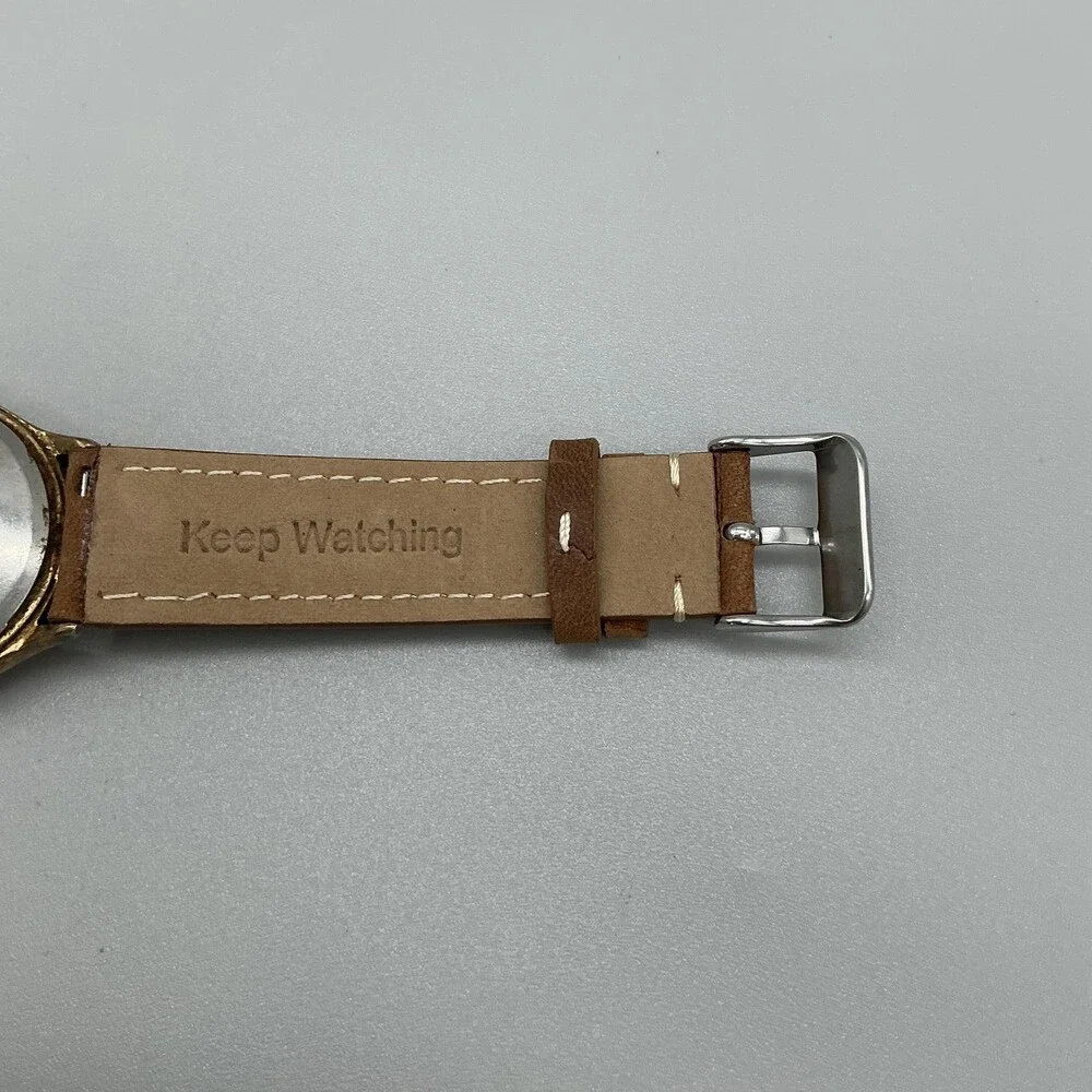 Vintage Timex Automatic Mens Watch 35mm Gold Tone Date Brown Leather Strap